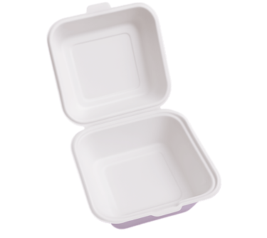 Eco-friendly 6x6 inch sugarcane bagasse clamshell food container.