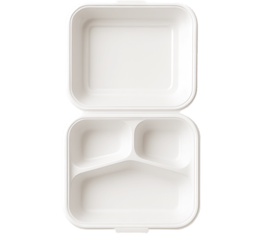 Eco-friendly 8x8 inch 3 compartment bagasse clamshell.