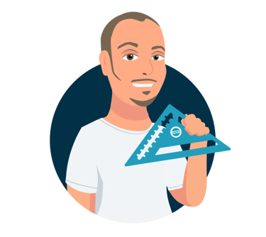 Cartoon graphic image of Cyd holding a square
