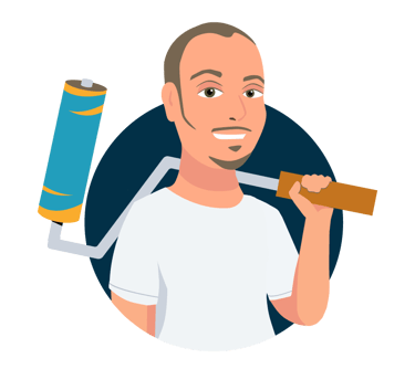 Cartoon graphic image of Cyd holding a paint roller