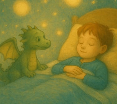 Petit garçon endormi souriant, un dragon veille sur lui sous un ciel étoilé rassurant.
