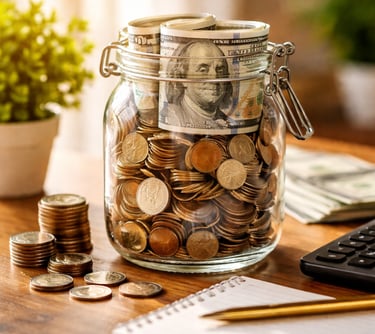 A glass savings jar filled with coins and rolled dollar bills on a wooden desk with a calculator.