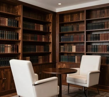 An interior shot of a private luxury library with dark wood shelves and minimalist white leather chairs. A quiet, professional environment in a Peruvian executive setting.