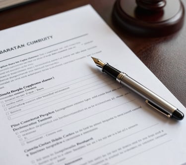 A detailed close-up of professional legal documents and technical reports with a high-end fountain pen on a dark leather desk. Soft warm lighting highlighting the texture of the paper.
