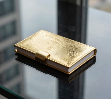 Macro photography of a gold and black luxury business card holder on a glass table, reflecting a modern architecture through a nearby window. Minimalist and sharp.
