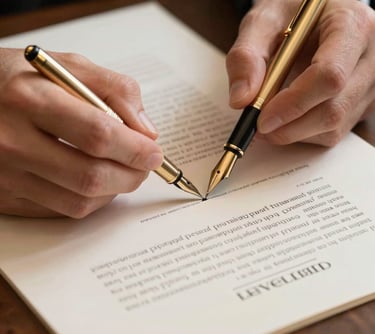 A professional Western European hand holding a gold-plated fountain pen, signing a document on an off-white paper, suggesting security and agreement.