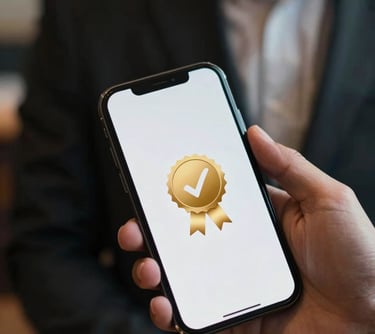 A close-up shot of a smartphone screen displaying a gold verified badge next to a restaurant logo, held by a person in a professional suit. Minimalist and premium look.
