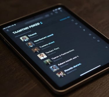 A close-up of a high-end digital dashboard on a tablet showing a clean, dark interface for managing restaurant feedback, in a minimalist style.