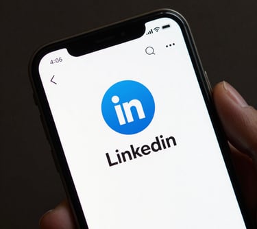 A close-up of a smartphone screen displaying a LinkedIn profile, held by a professional in a Northern European office, emphasizing social media recruitment.