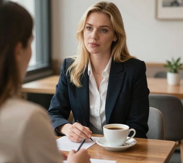 Two professionals sitting at a table with coffee, discussing a recruitment strategy document. The setting is a cozy, warm Northern European office with soft lighting.