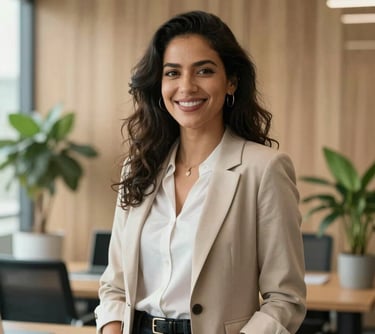 Portrait of a South American / Brazilian woman in a modern office with light wood and plants. She is smiling naturally, dressed in professional but relaxed attire. Soft natural light, high-quality photography, sophisticated atmosphere.