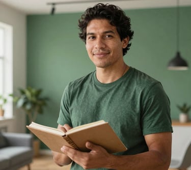 Portrait of a South American / Brazilian man with a notebook in a bright, modern studio. He looks confident and friendly. Modern Scandinavian interior design with Matte Forest Green walls in the background.