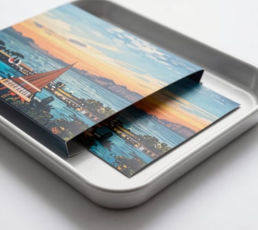 A high-quality studio photograph of a custom die-cut tray and sleeve packaging. The lighting is crisp, showing the precision of the folds and the vibrant, accurate colors of the offset printing. Modern North American aesthetic.