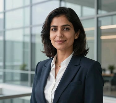 A high-quality business portrait of a female executive with a warm expression, positioned in front of a clean, bright glass office facade in a premium global (USA, UK, Europe, Gulf) and South Asian setup.