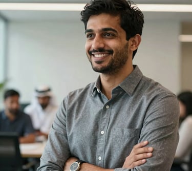 A professional corporate headshot of a male technology founder, smiling and confident, looking forward, styled in a sleek minimal global (USA, UK, Europe, Gulf) and South Asian workplace context.