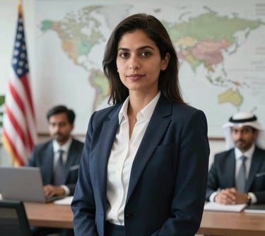 A professional business portrait of a female financial operations manager dressed in neat office apparel, captured in a bright executive office setting in global (USA, UK, Europe, Gulf) and South Asian style.