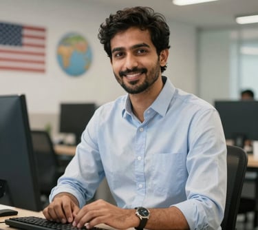 A professional workspace portrait of a male technology lead in clean smart-casual office clothing, looking accomplished and bright, set in global (USA, UK, Europe, Gulf) and South Asian parameters.