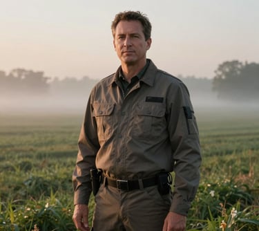 A portrait of a logistics professional in refined outdoor attire standing confidently against a backdrop of a misty North American farm field at dawn, emphasizing reliability and sophistication.