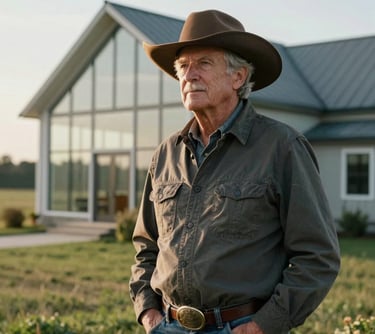 A portrait of a senior agricultural expert in refined country attire, standing before a modern glass-walled farmhouse in a North American setting, with soft morning light accentuating an air of authority and trust.