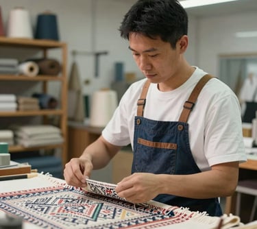 A portrait of a quality control specialist in a light-filled North American studio, focused and refined, holding a piece of hand-woven heritage fabric, emphasizing meticulous attention to artisanal detail.