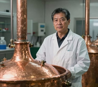 A portrait of a dairy technologist in a clean, state-of-the-art North American facility, professional and serene, standing next to traditional copper vats, representing the blend of science and tradition.