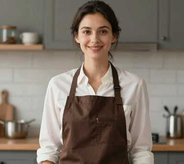 Portrait of a professional woman with a warm smile, wearing a stylish brown apron in a modern kitchen studio. Soft lighting, sophisticated Continental style.