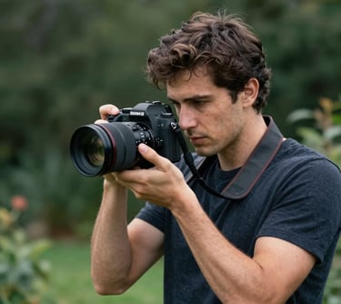 Portrait of a young man with a camera, focused and professional, standing outdoors in a garden setting in Portugal. Matte Forest Green background.