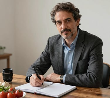 Portrait of a creative writer at a wooden desk with a notebook and fresh ingredients nearby. Elegant and professional atmosphere, Portuguese setting.