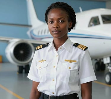 Portrait of a professional female East African / Kenyan pilot in a crisp white uniform with gold epaulettes, standing confidently in a modern aviation facility. Soft blue background.