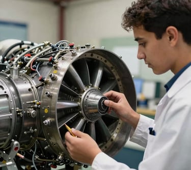 Close-up photography of an East African / Kenyan aviation engineer and a student examining a complex jet engine component. Professional lighting emphasizing the metal textures.