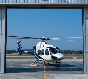 A professional architectural photograph through a hangar doorway at Wilson Airport, showing a rotary-wing helicopter positioned for takeoff on the pad. Deep blue tones.