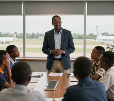 An East African / Kenyan male mentor in professional attire speaking warmly to a group of attentive young students in a boardroom overlooking an airfield.