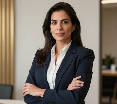Portrait of a female South American financial analyst in a premium corporate setting, looking professional and capable. Minimalist background with golden accents in the decor.