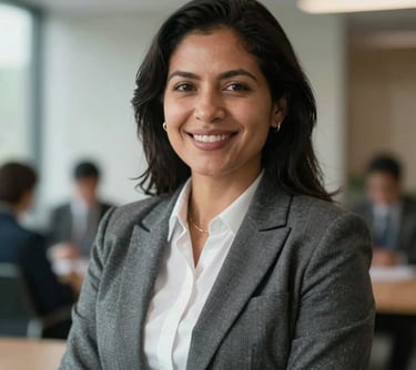 Portrait of a South American female professional in business attire, smiling warmly in a sophisticated corporate environment. Natural light creates a trustworthy and approachable feel.