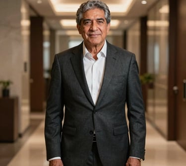Portrait of a South American male senior executive in a dark charcoal suit, standing confidently in a luxury office corridor. Warm lighting highlights professional elegance and experience.
