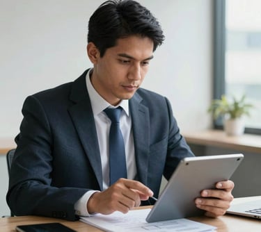 Portrait of a male professional accountant in a South American business setting, reviewing documents on a tablet. The composition is clean and emphasizes modern financial expertise.