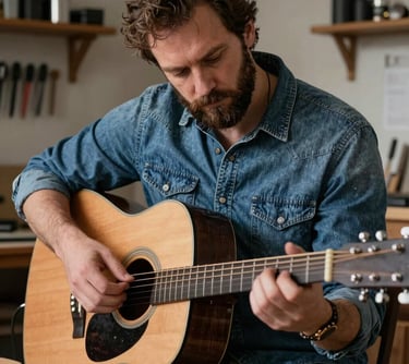 A professional portrait of a man with a beard, wearing a denim shirt, adjusting the strings of an acoustic guitar in a workshop with deep obsidian tools.