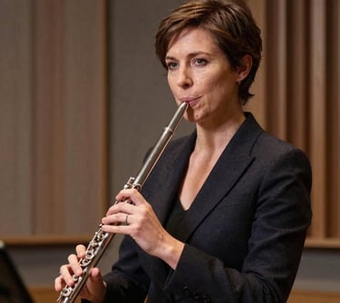A professional portrait of a woman with short hair, wearing a dark blazer, holding a silver flute in a music studio with walnut brown accents.