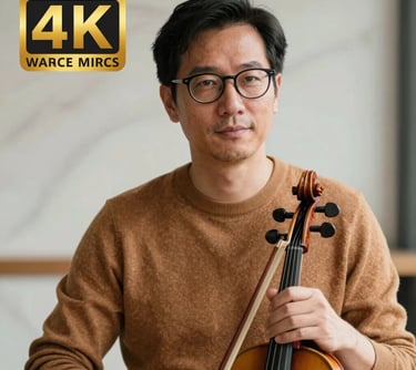 A professional portrait of a man in his 40s with glasses, wearing a soft caramel sweater, holding a violin bow in a bright room with alabaster walls.