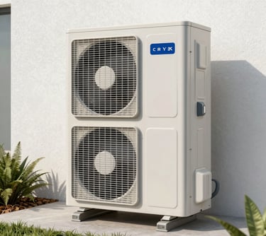 Close-up photography of a sleek, modern exterior heat pump unit installed against a clean white textured wall, surrounded by minimalist landscaping, daylight.