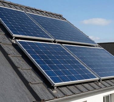 Photography of modern solar thermal panels installed on a slanted dark gray roof of a French house, reflecting a bright blue sky, clean and eco-friendly aesthetic.
