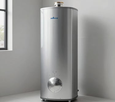 Professional photography of a silver thermodynamic water heater standing in a modern, well-lit utility room with white tile floors, highlighting clean installation.