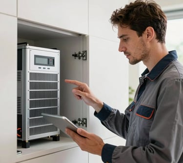 A professional technician in clean workwear holding a tablet, inspecting a high-tech energy system inside a modern home, Central European context, professional and trustworthy.