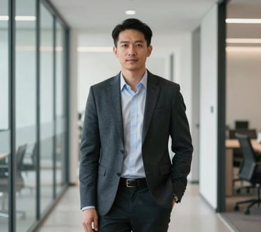 A professional portrait of a Southeast Asian man in a business casual outfit, standing in a brightly lit, minimalist office hallway with clean glass partitions.