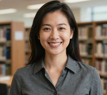A professional portrait of a Southeast Asian woman smiling warmly, wearing a professional charcoal grey blouse, set against a blurred background of a modern academic library.