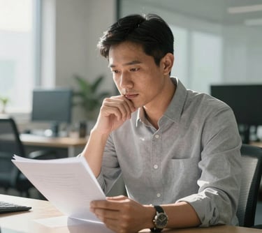 A candid photograph of a Southeast Asian professional man in a light grey shirt, looking thoughtfully at a manuscript in a modern, sunlit office.