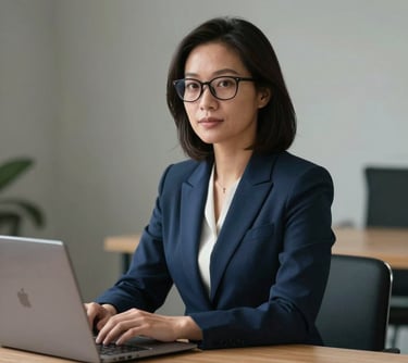 A portrait of a Southeast Asian woman with glasses in a professional navy blue suit, sitting in a minimalist workspace with a clean wooden desk and a laptop.