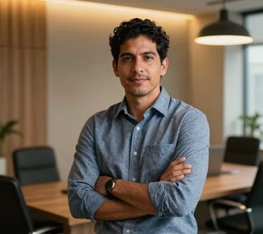 A portrait of a South American male investment specialist in a modern minimalist office with warm gold accent lighting, confident executive expression.