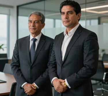 A professional executive portrait of a South American male partner wearing a dark suit and warm gold cufflinks, standing in a contemporary glass boardroom, sophisticated global corporate aesthetic.