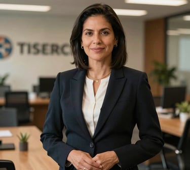 A corporate portrait of a South American female sustainability advisor in elegant dark attire in an international consultancy office background, warm lighting, authoritative style.